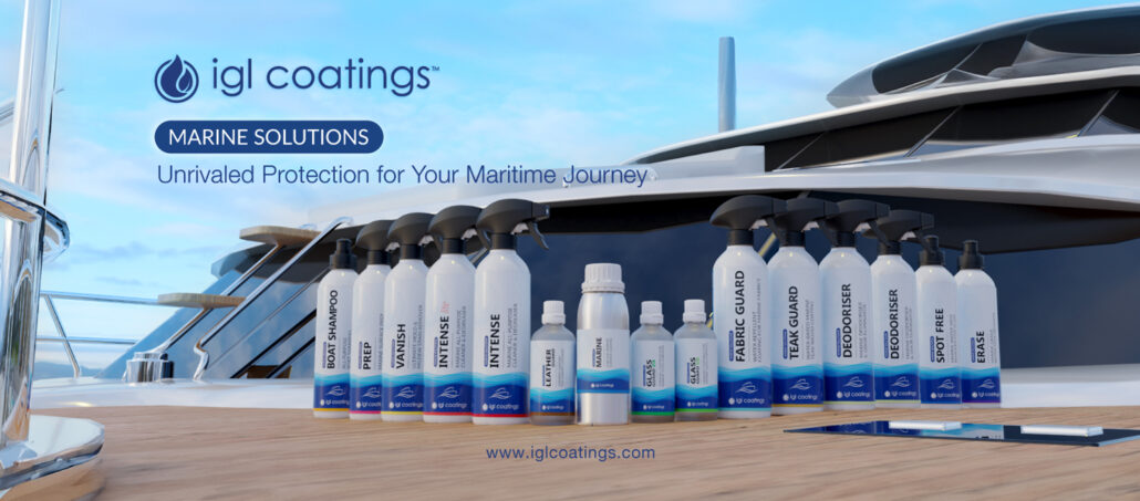 Image shows full lineup of IGL Coatings' new Marine Launch - Glass Guard, Leather Guard, Teak Guard, Deodoriser, Spot Free, Clarity and Boat Shampoo