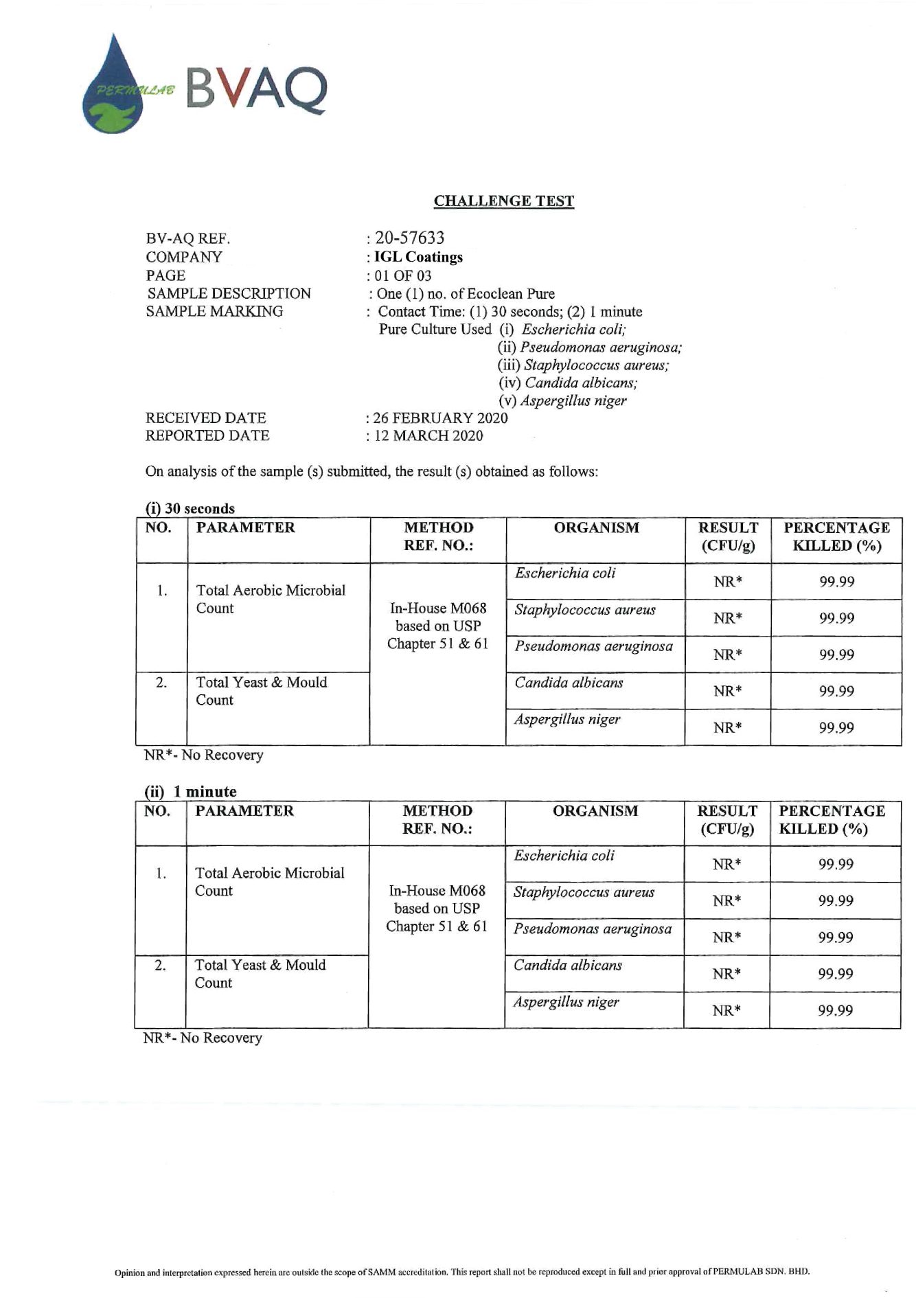 ecoclean pure challenge test pathogens