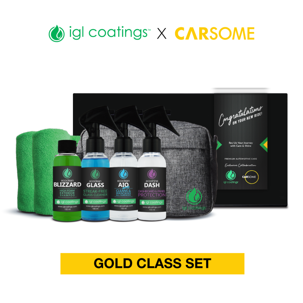 IGL x Carsome Gold Class Set Kit, Includes ecoclean blizzard, ecoshine dash and 2 microfiber towels and ecoclean AIO waterless wash, streak free glass cleaner and a special carrier bag 
