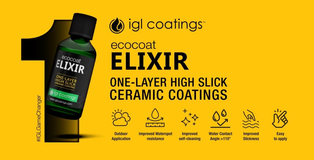 Ecocoat Elixir, Single (One) Layer High Slick Ceramic Coatings, IGL Coating's  launch banner with USPs that was launched at SEMA SHOW 2023

1. Outdoor Application
2. Improved waterspot resistance
3. improved self cleaning
4. improved hydrophobics (water contact angle >110)
5. improved slickness
6. easy to apply